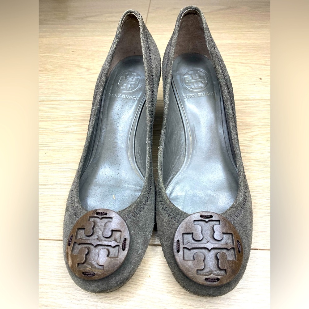 Tory Burch Taupe Wedges with Brown Accents
